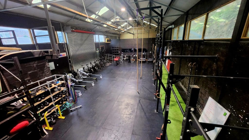A well-lit gym with rowing machines, racks of weights, ropes, and a green turf area. There's a climbing frame and other fitness equipment organized along the walls, under a high ceiling with skylights.