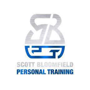 Logo featuring stylized metallic letters "SB" over a blue arc. Below, the text reads "Scott Bloomfield Personal Training" with "Scott Bloomfield" in silver and "Personal Training" in blue.